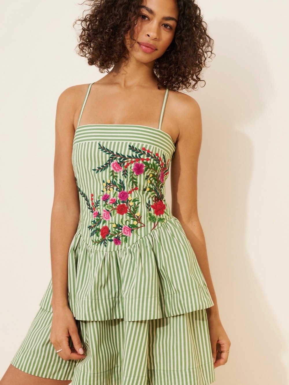 Maeve Green Striped Floral Embroidered Sundress